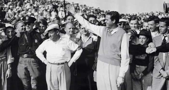 Ralph Guldahl salutes the gallery at Oakland Hills after winning the 1937 U.S. Open.